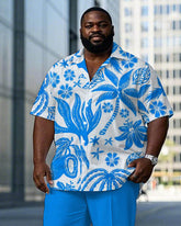 Hawaiian Blue Plant World Pattern Short Sleeve Shirt Trousers Set Big & Tall Men